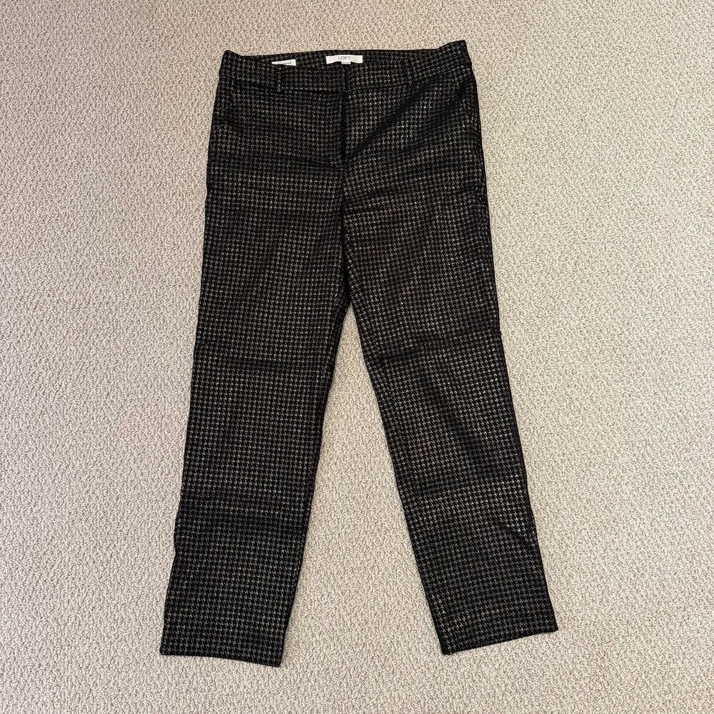 LOFT Riviera Slim Pants Womens 6 Black Gold Metallic Jacquard Ankle Dress